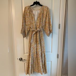Emerson Fry flower printed midi dress with full puff sleeves and tie waste belt